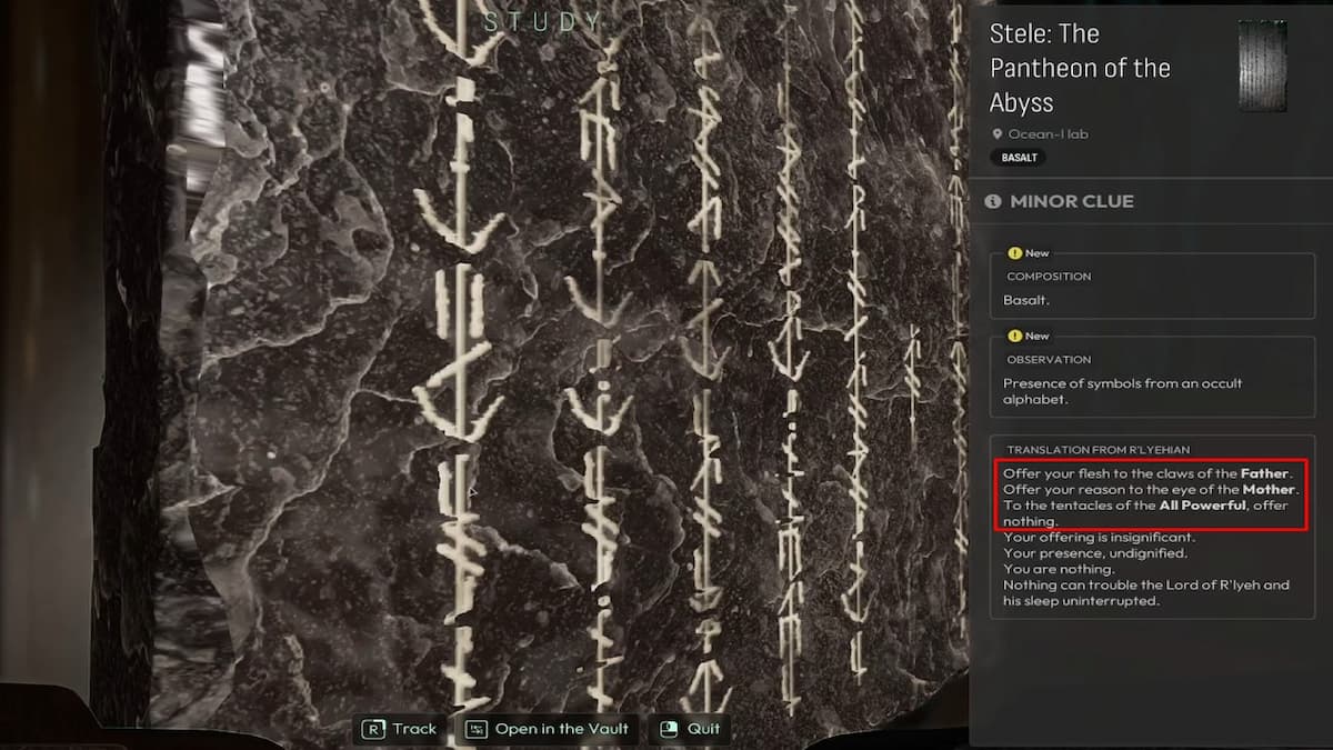 In game screenshot of a stone wall etched with vertical glowing runes with a right side UI panel about The Pantheon of the Abyss quest and clues