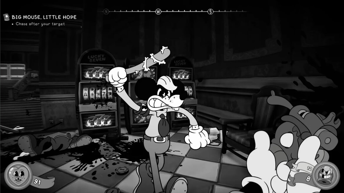 Cartoon game scene a mouse like character in a cap swings a bat in a blood spattered arcade