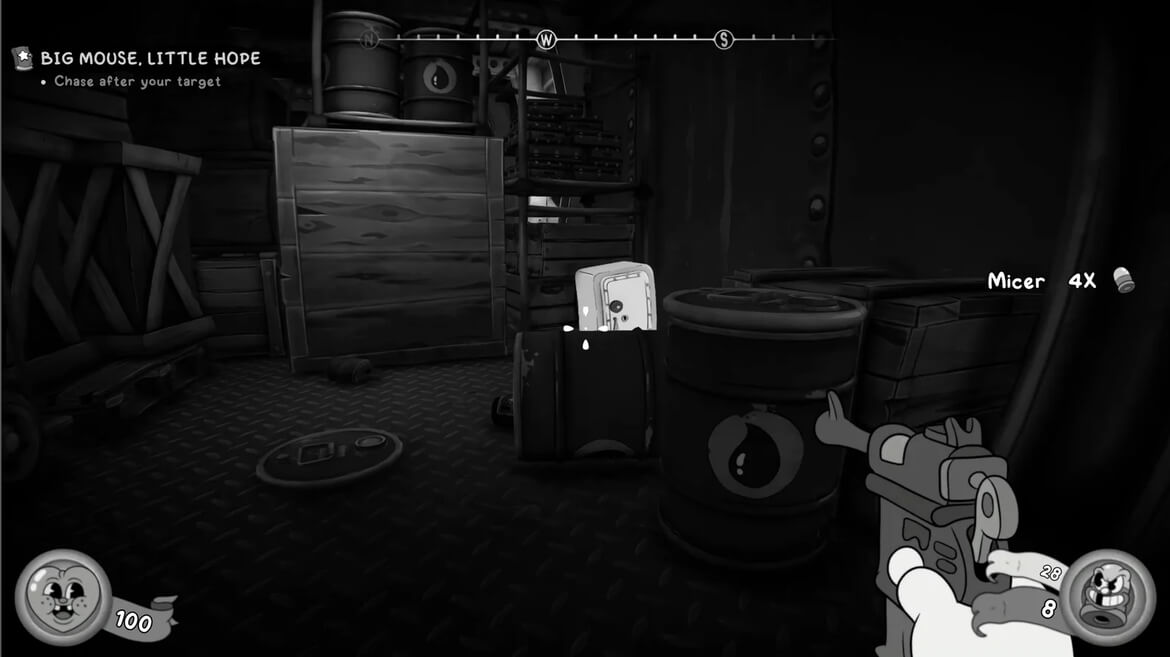 Grayscale first person shooter scene player aims a cartoon gun at a small white target in a dark cluttered workshop with mission text in the corner