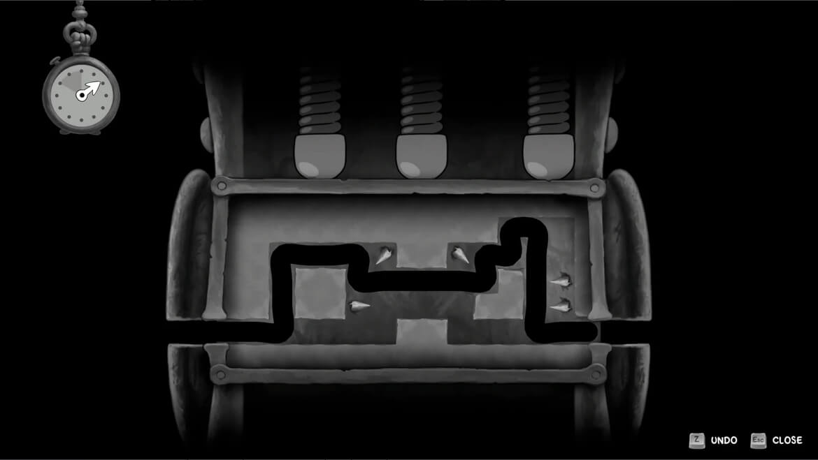 A dark steampunk puzzle scene showing a maze like track inside a mechanical device with a hanging pocket watch on the left and UI controls for Undo and Close at the bottom right