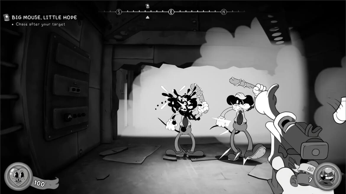 Screenshot from a monochrome cartoon shooter two mice confront a gun wielding character in a dark lab mission title Big Mouse Little Hope shown