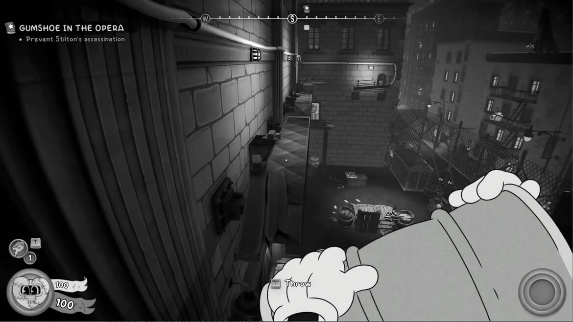 Noir style game screenshot rooftop alley view with pipes and crates players cartoon hands gripping a large curved object in the foreground UI elements along edges