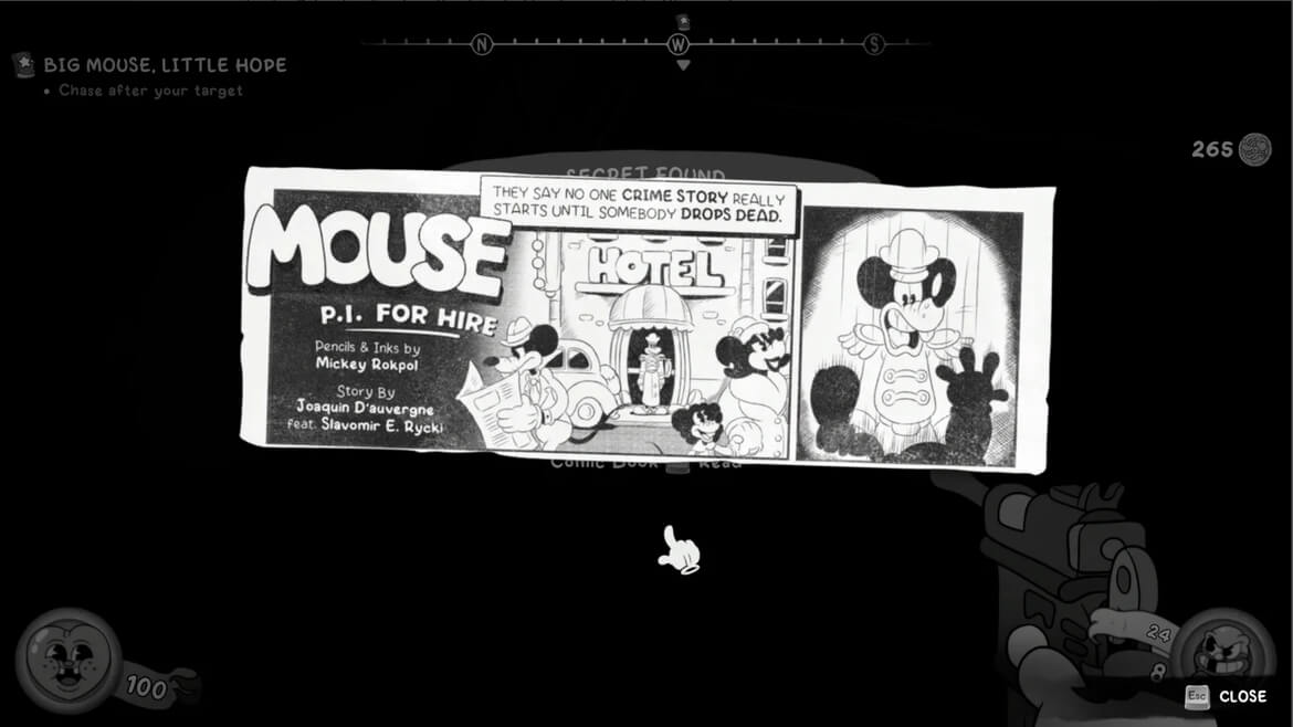 Black game screen with a white comic strip panel titled Mouse PI for Hire showing a hotel scene a white hand cursor is centered