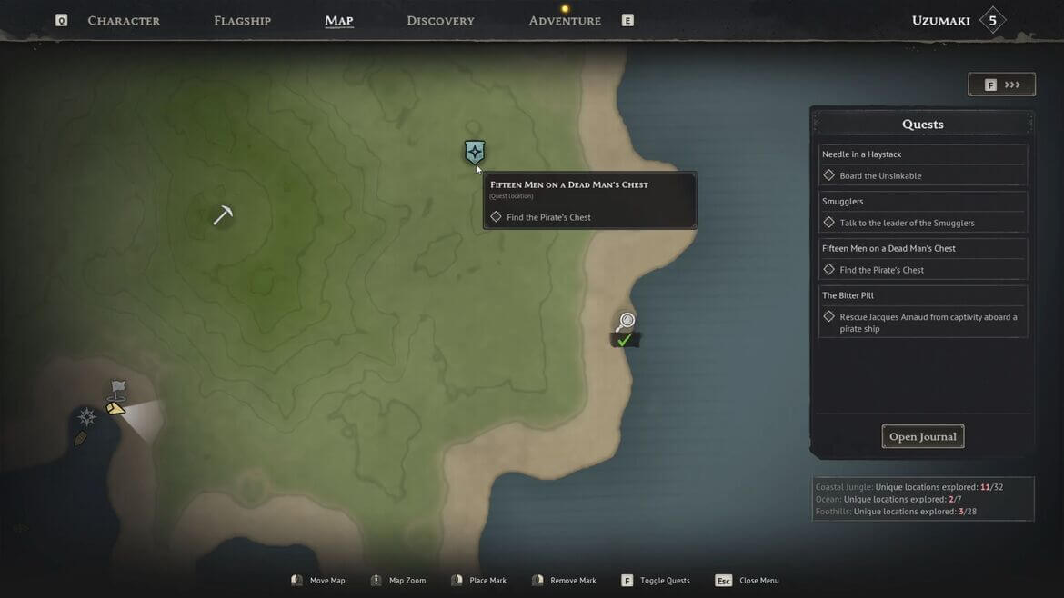 Местоположение сундука с сокровищами на карте