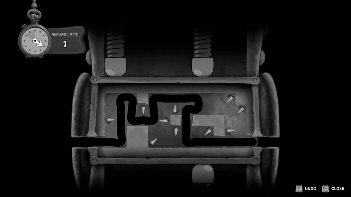 Steampunk wagon interior with a dark winding maze and metal spikes a Moves left 1 badge in the upper left corner