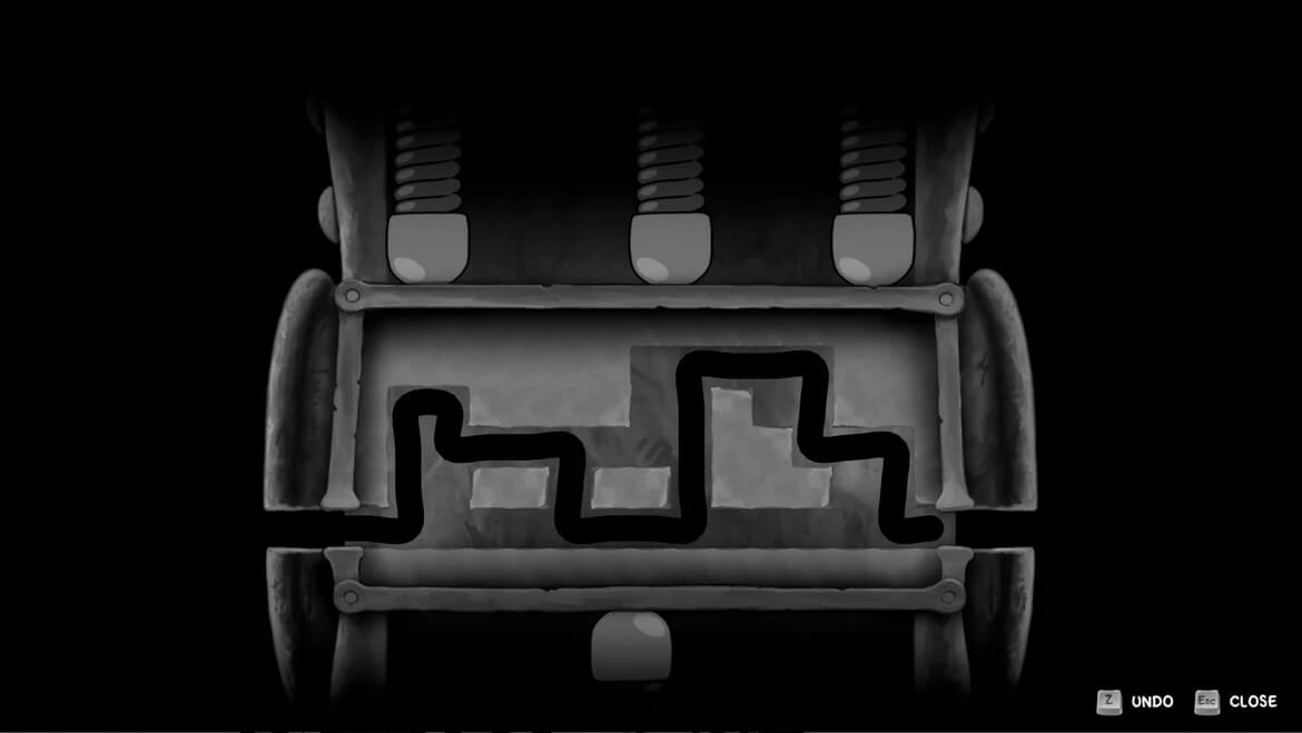 Grayscale puzzle game screenshot showing a black meandering path drawn on a gray panel with Undo and Close controls visible at the bottom right