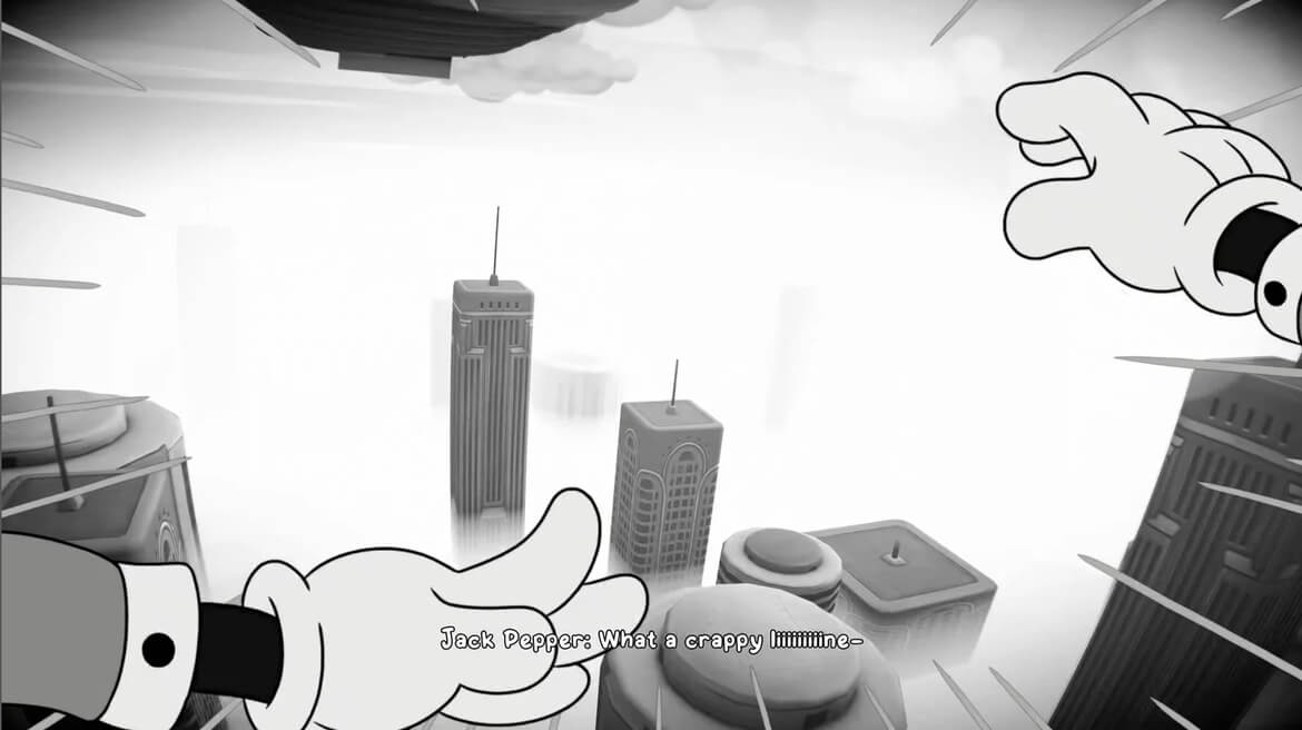 Cartoon scene with oversized hands reaching toward a city skyline from above black and white frame with a caption reading Jack Pepper What a crappy