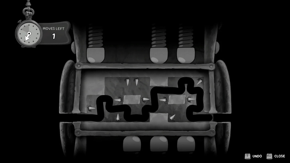Monochrome puzzle game screen showing a winding track across a gear like frame and a timer reading Moves Left 1