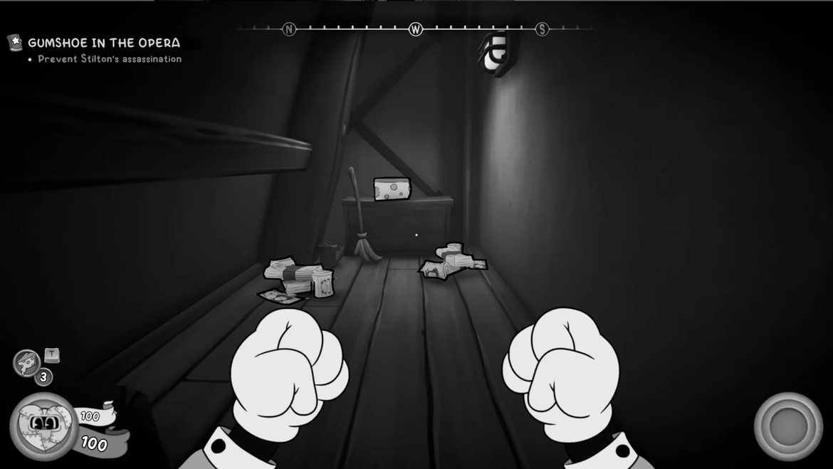 First person cartoon detective game black and white hallway clenched fists visible cheese and scattered papers ahead UI icons at edges