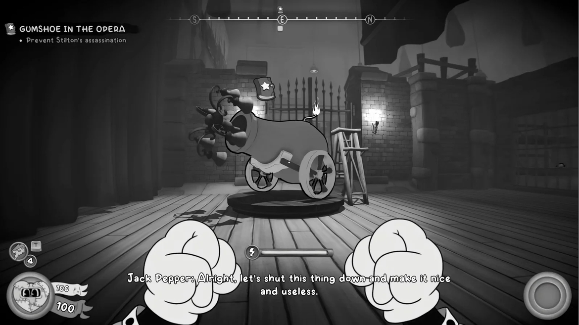 Grayscale game scene cartoon fists face a cannon on a stage with a brick backdrop and UI elements at the bottom