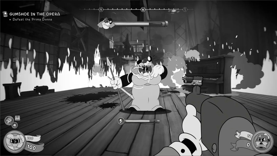 Black and white game scene a cartoon pirate boss on a burning ship deck player aiming a pistol at him amid flames and smoke
