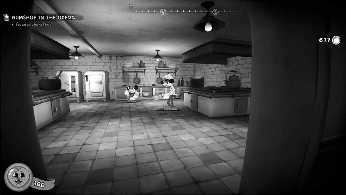 Black and white game scene in a tiled kitchen two cartoon characters stand near the center quest text top left