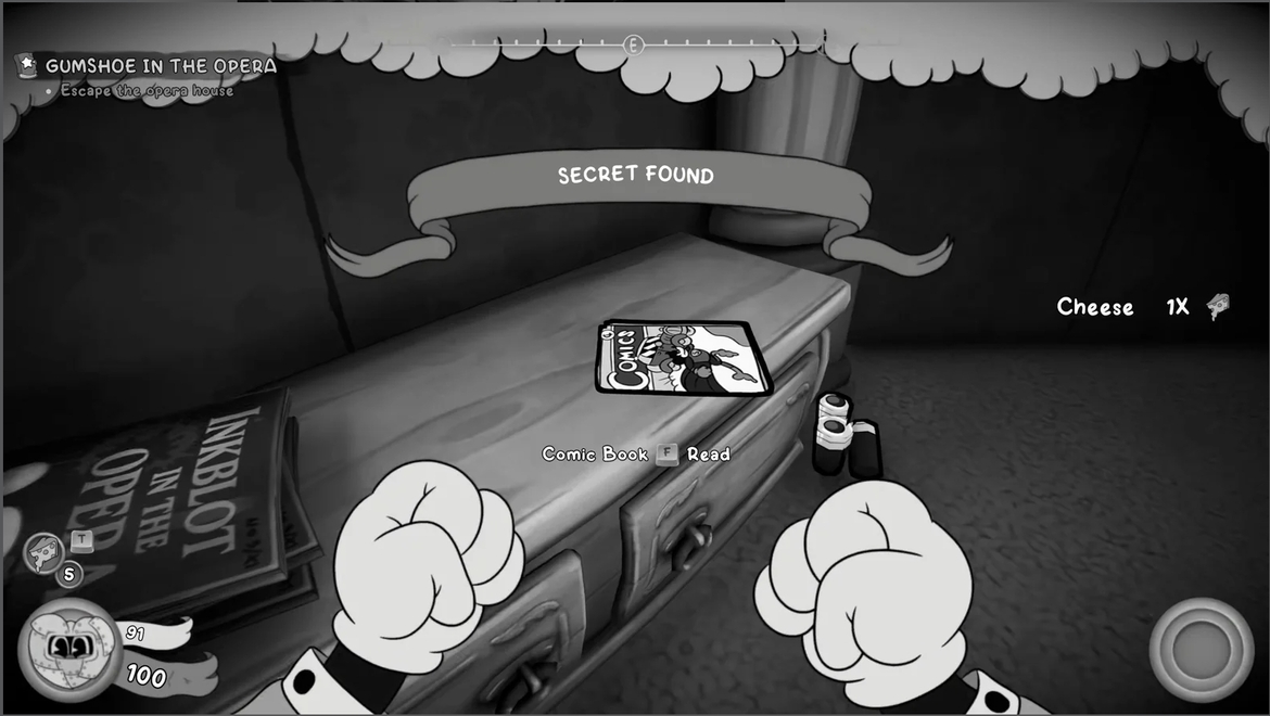 Screenshot from Gumshoe in the Opera showing a detectives gloved fists near a dresser a comic book card on the surface and a Secret Found banner