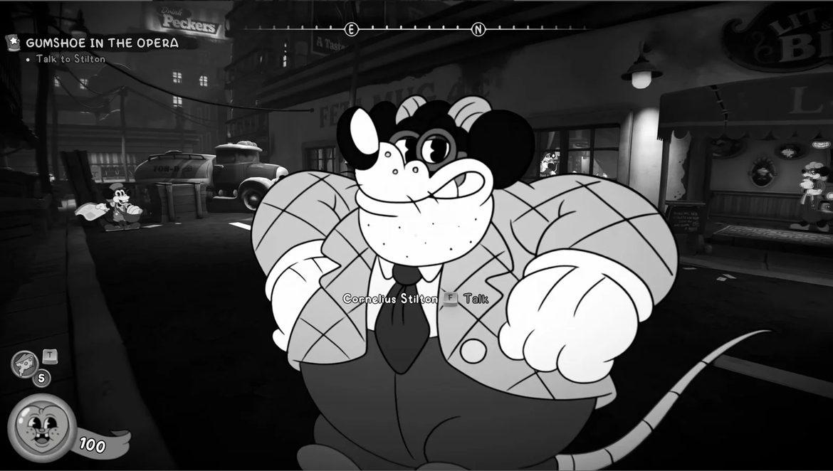 A large cartoon mouse in a suit and tie foreground addressing the camera in a black and white game scene titled Cornelius Stilton