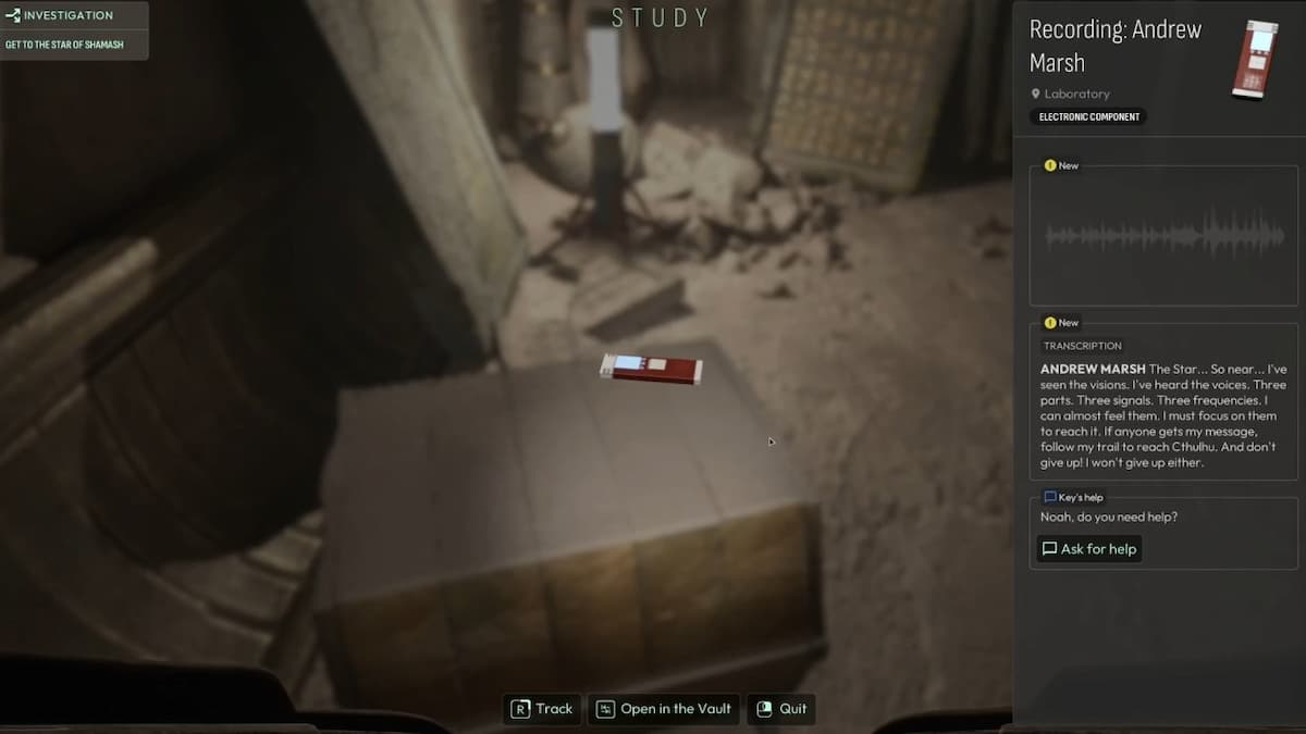 На верхнем уровне осмотрите запись Эндрю Марша на сундуке