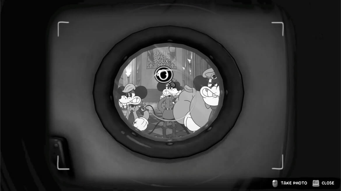 Camera viewfinder framing a grayscale cartoon scene anthropomorphic animals inside a room seen through a circular lens The Take Photo UI is visible bottom right