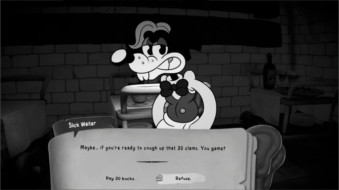 Cartoon dog waiter in a kitchen setting presenting a dilemma pay 30 bucks or refuse in a grayscale game scene