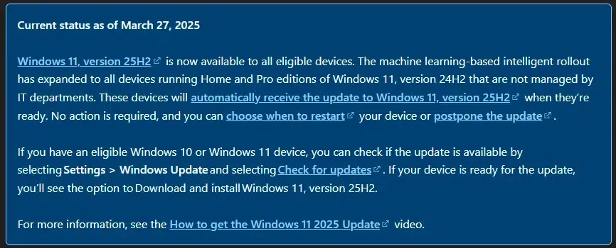 Изображение к статье: Microsoft начнет принудительно обновлять Windows 11 до 25H2