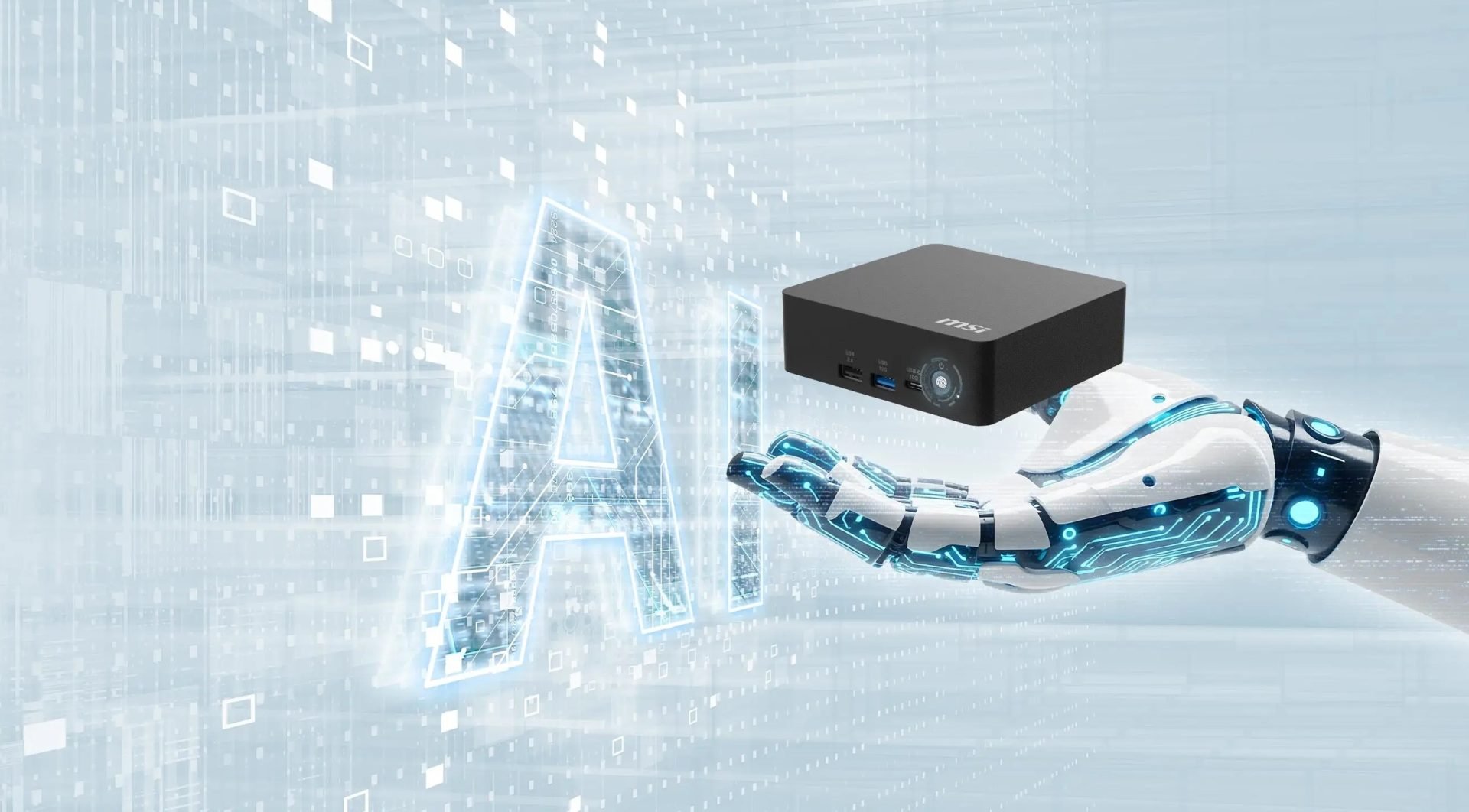Robotic hand reaches toward a glowing holographic interface with a small black MSI mini PC hovering nearby