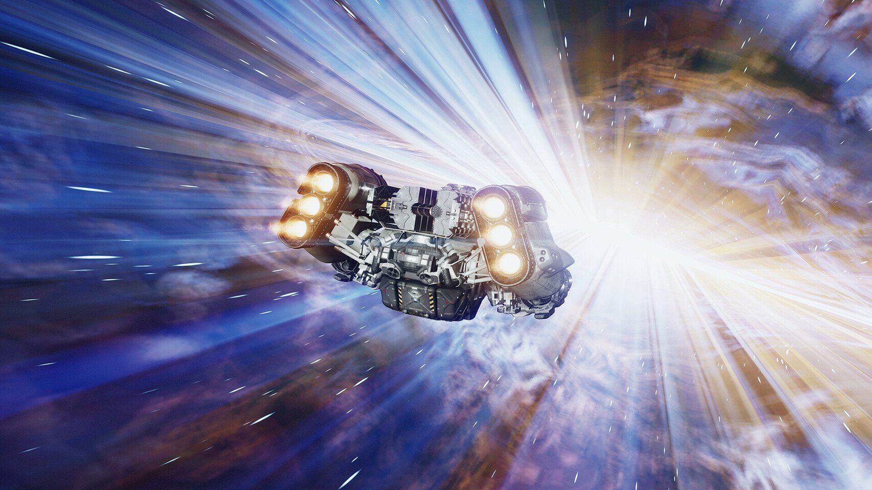 Futuristic spacecraft speeding through a colorful warp tunnel with bright engine lights ahead of it leaving light trails behind