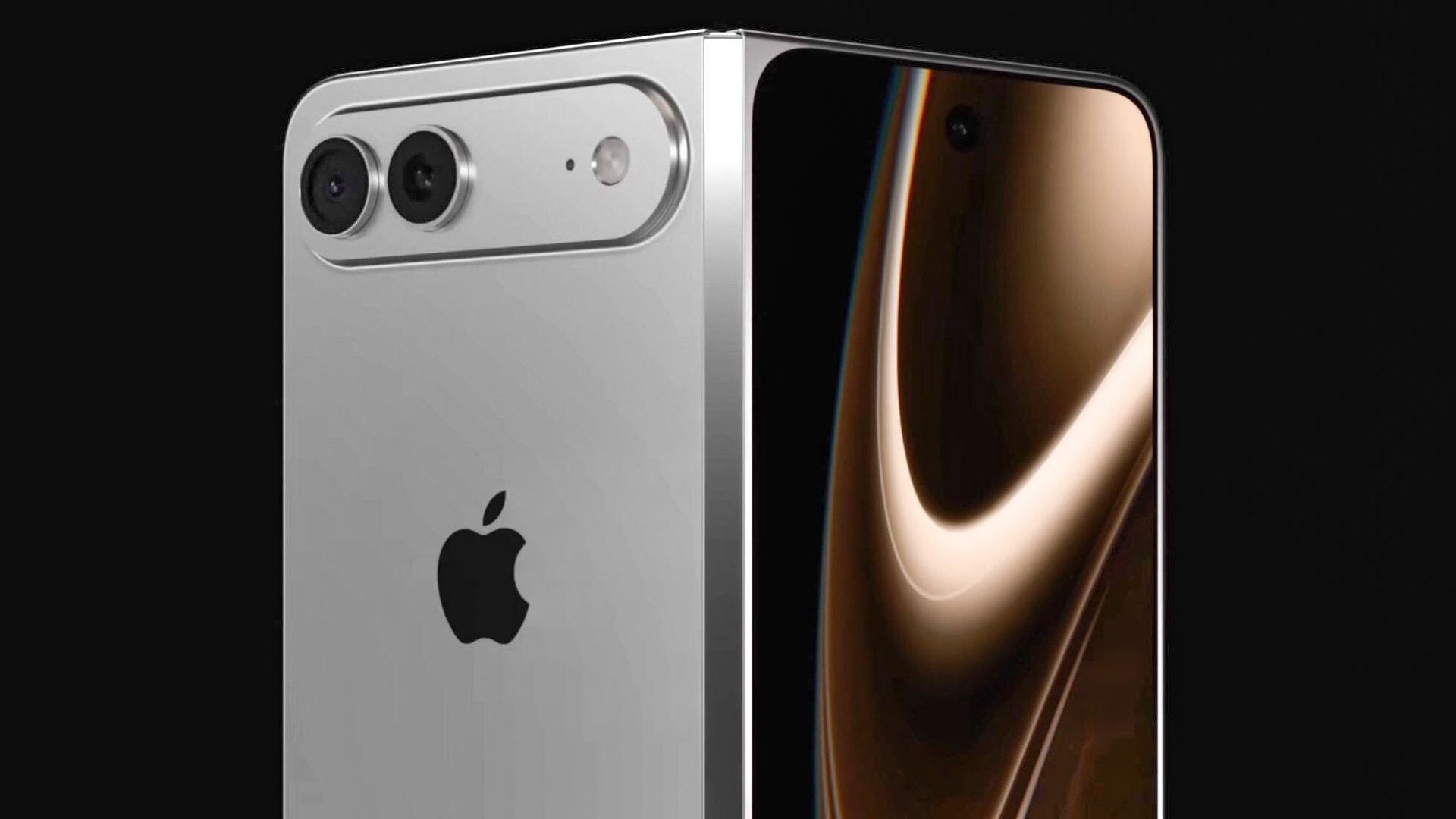 Close up of a silver iPhone showing its dual camera module and Apple logo against a black background