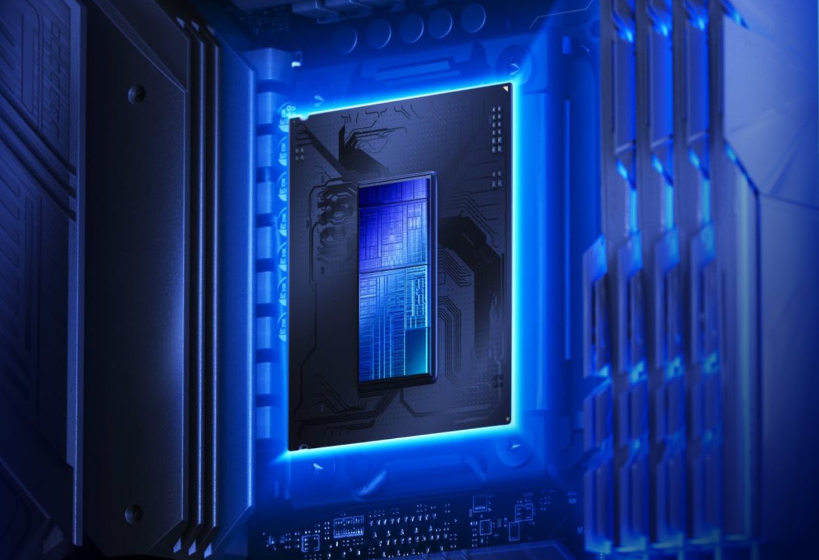 Blue lit data center server blade with a visible processor and circuit traces inside a rack