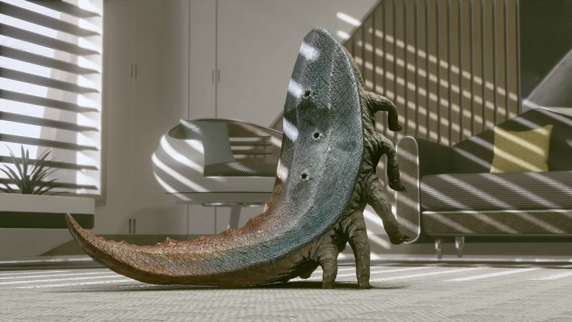 Dinosaur like model in a modern living room with a skateboard nearby and striped light on the floor
