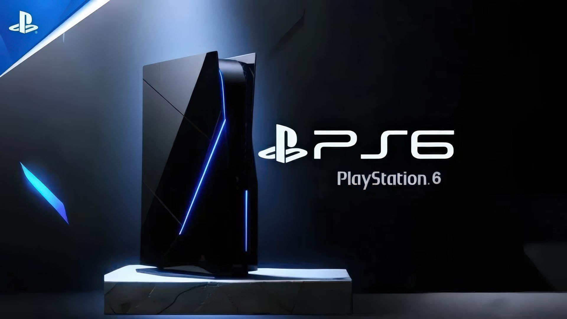 Black PS5 console on a marble pedestal with blue neon accents and the PlayStation 5 logo to the right dark background