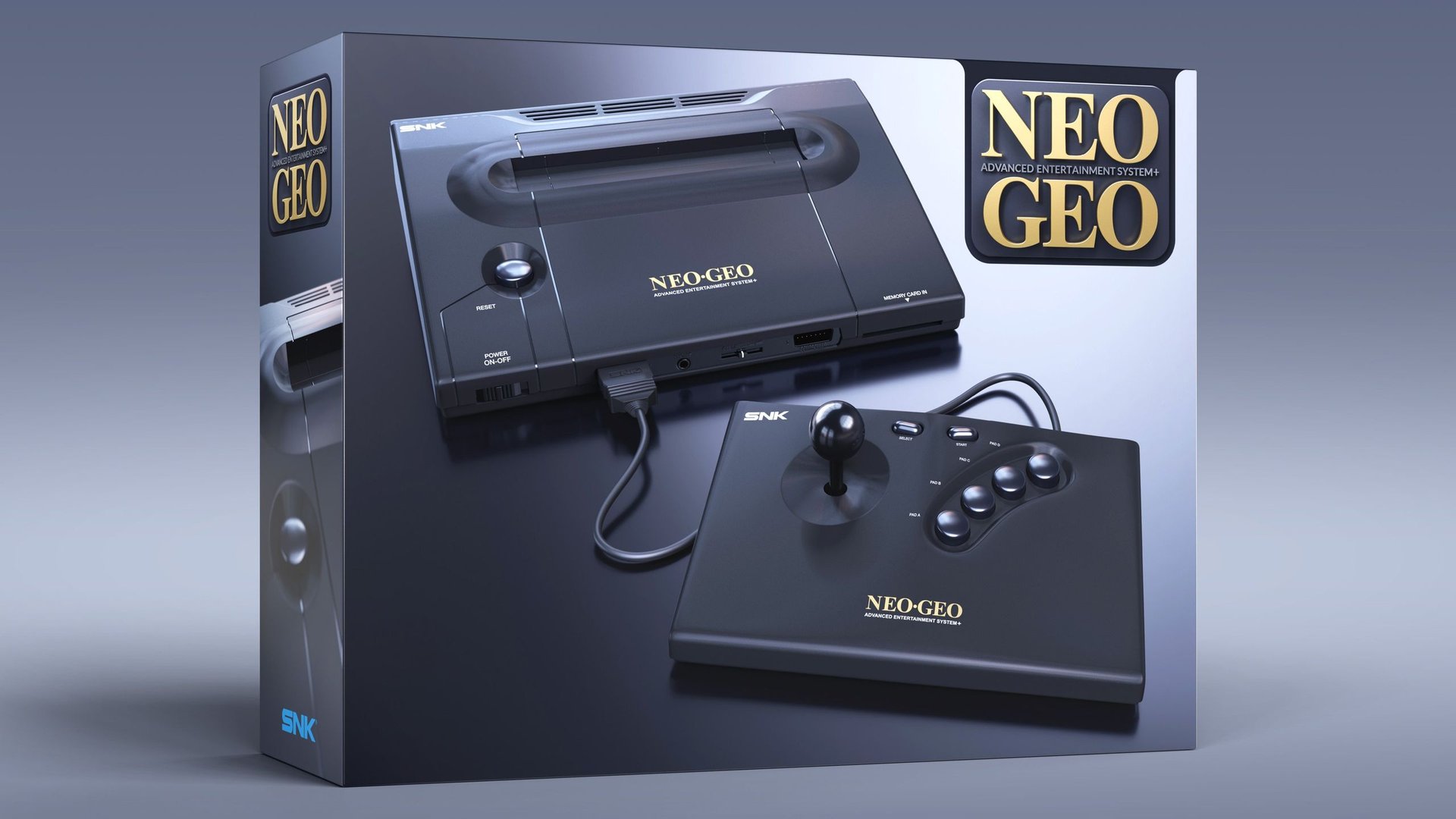 Neo Geo AES console and controller displayed on a glossy promotional box with SNK branding