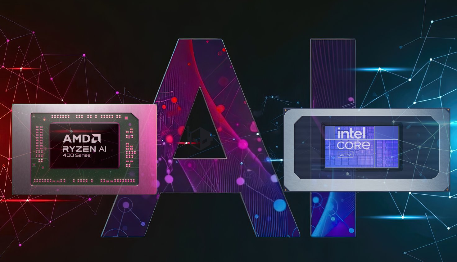 Promotional banner showing AMD Ryzen AI 400 Series processor on the left and Intel Core Ultra on the right with a large stylized A in the center and neon circuitry background