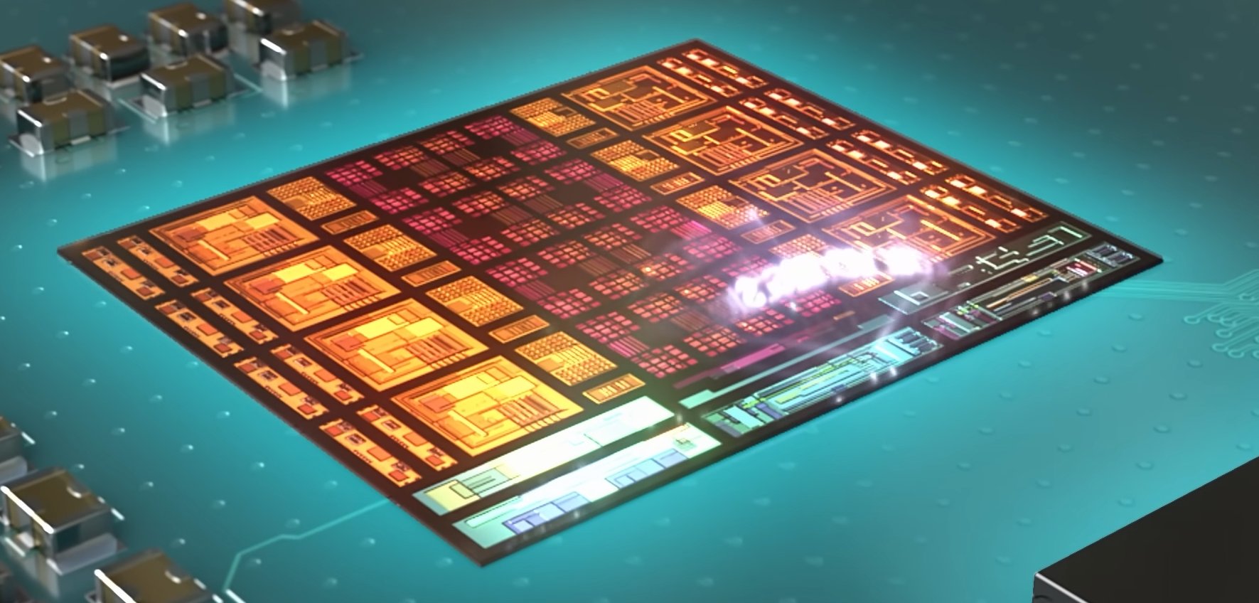 Close up of a colorful integrated circuit on a teal circuit board with glowing data pathways surrounding it