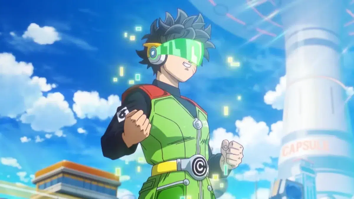Young anime hero in a bright green suit with a neon green visor fists raised against a sunny futuristic cityscape