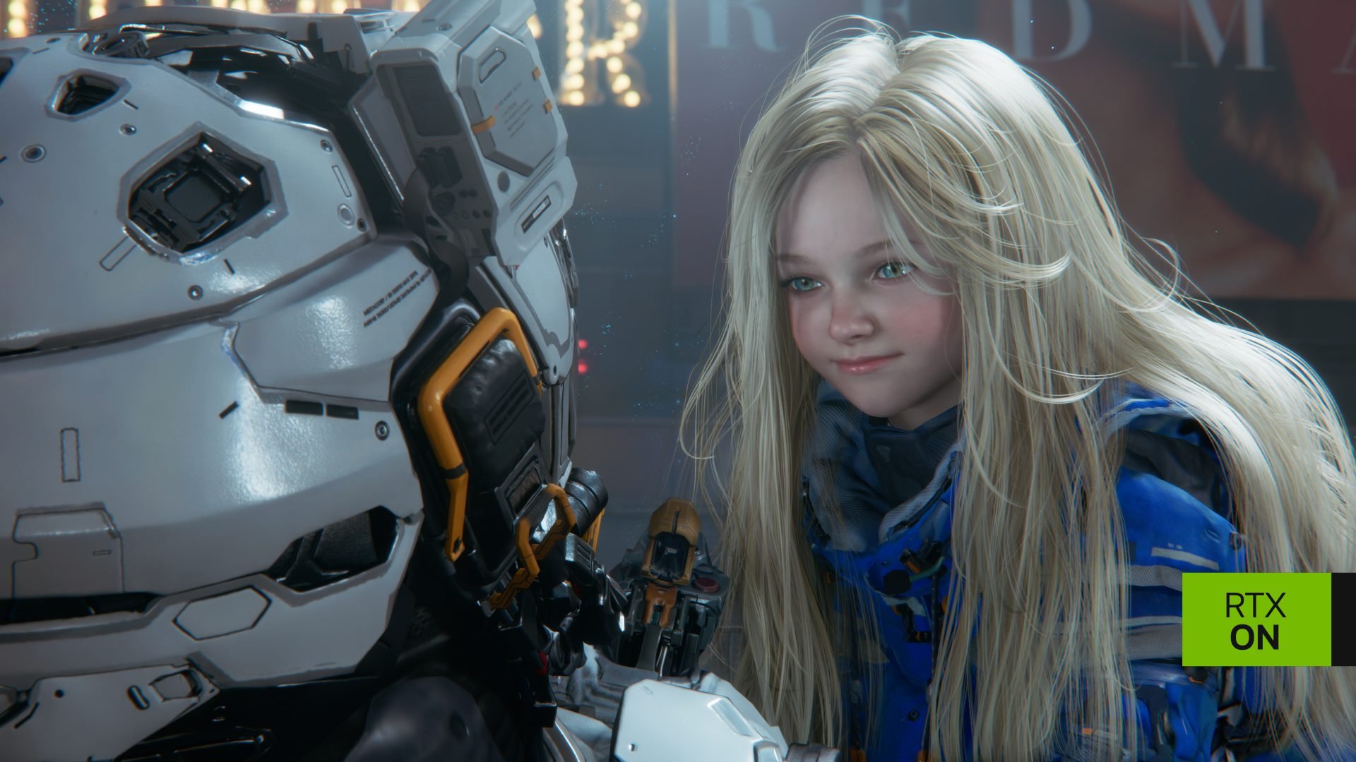 Girl with long blond hair smiles at a large white robotic suit in a futuristic setting RTX ON badge bottom right