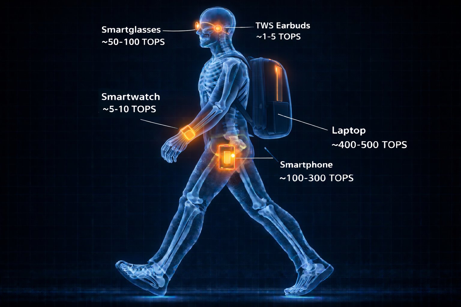 Diagram comparing device compute power TOPS Smartglasses 50100 TWS earbuds 15 smartwatch 510 smartphone 100300 laptop 400500