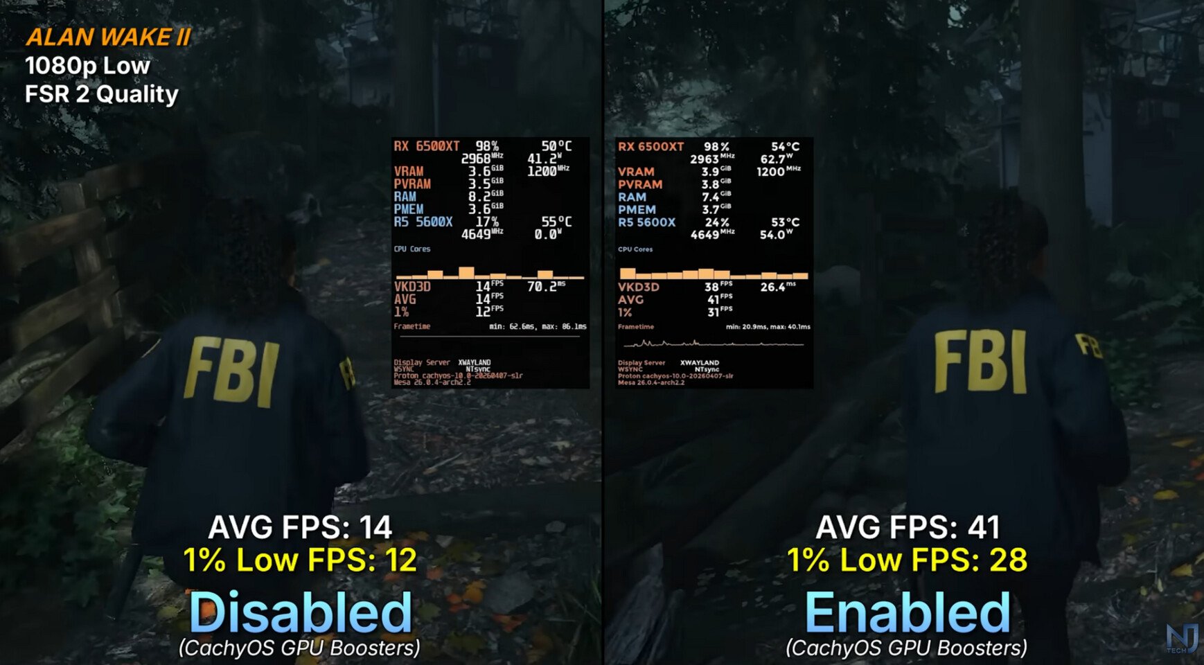 Split screen comparison of Alan Wake II left shows 1080p low with FSR 2 Quality and lower FPS right shows improved FPS after enabling Boosters with on screen perf stats and Disabled vs Enabled labels