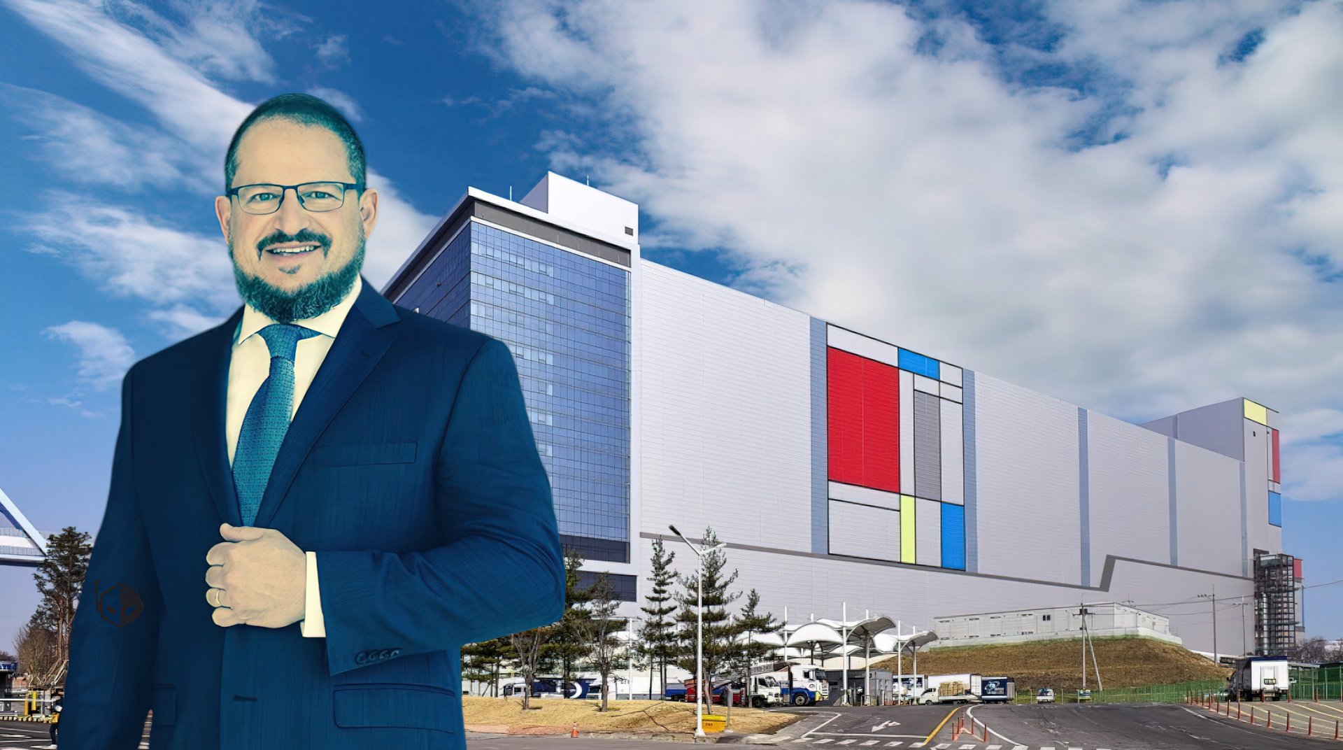 Smiling businessman in a navy suit and glasses stands in front of a modern colorful office building under a blue sky