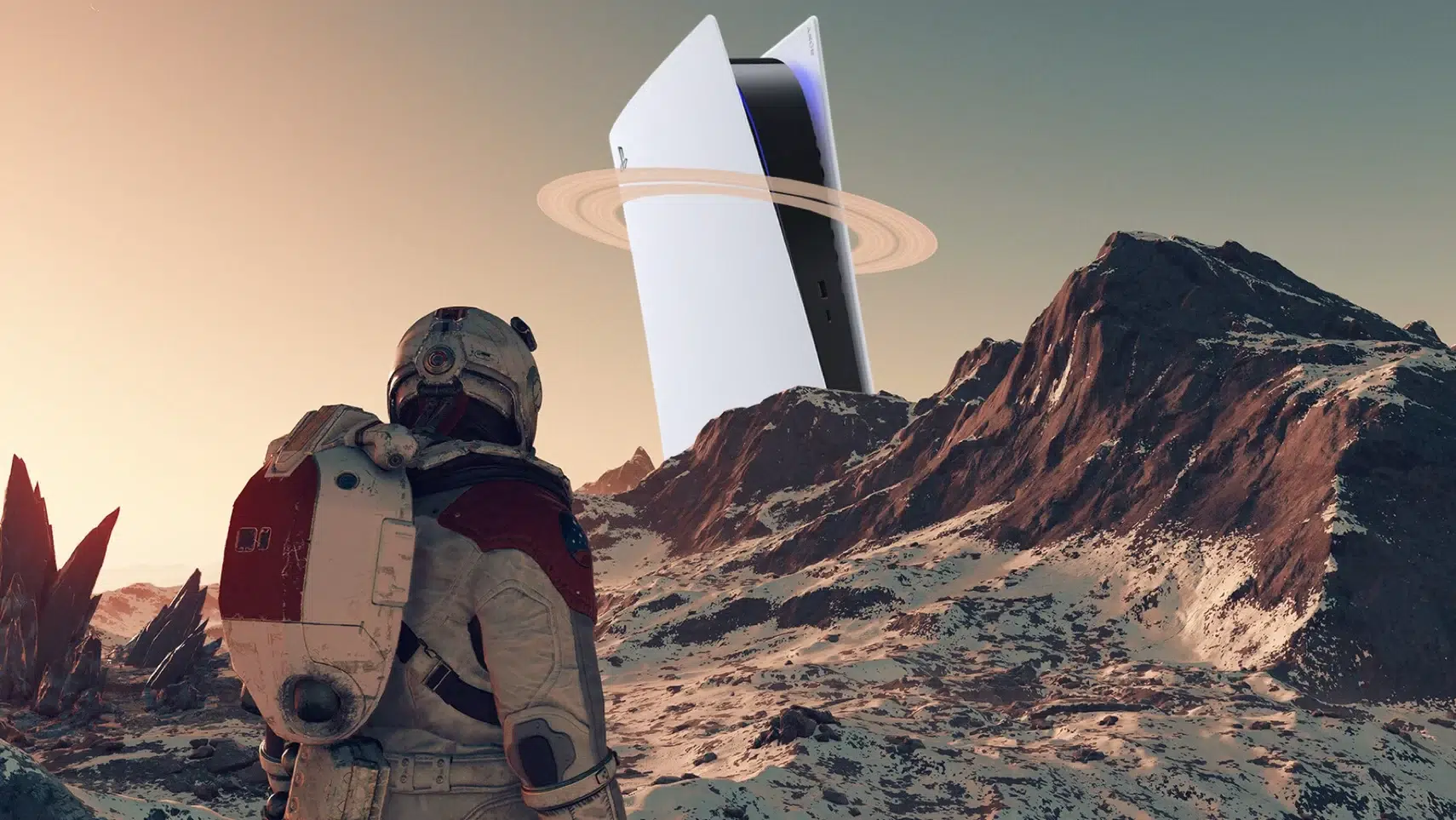 Astronaut in a suit on a rocky icy planet gazes at a towering white scifi device with a glowing ring around it