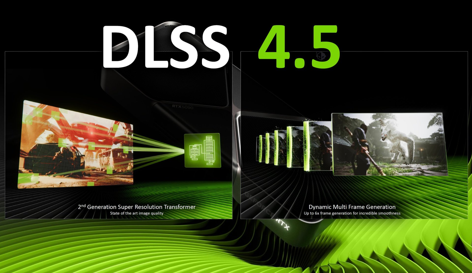 DLSS 45 promotional graphic showing two panels 2nd gen super resolution and multi frame generation for smoother gameplay GPU in center