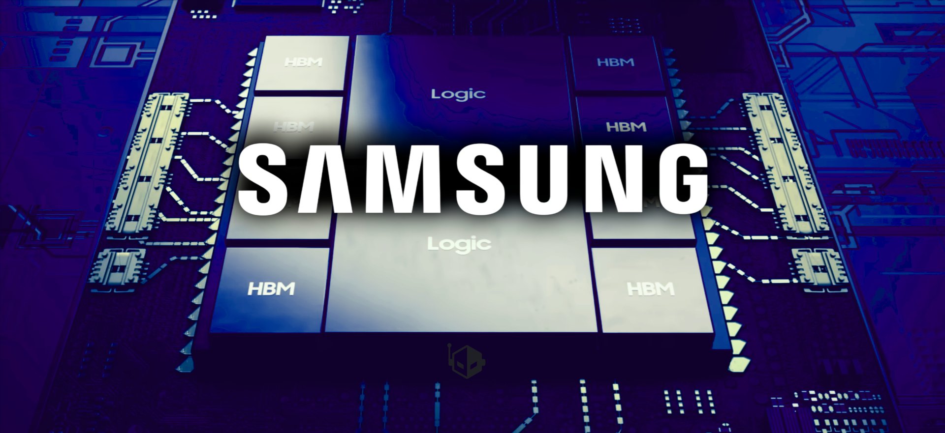 Samsung branding over a blue circuit board background conveying tech and electronics