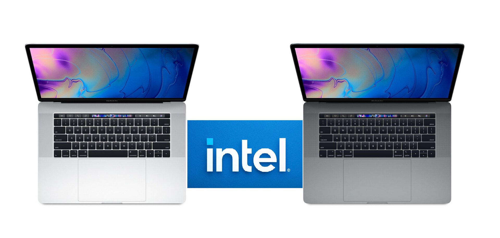 Two laptops with vibrant screens sit on either side of a blue Intel logo card in the center