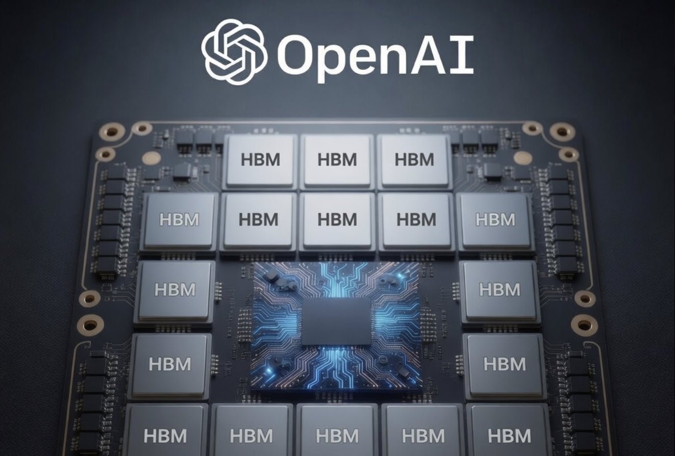 OpenAI logo above a circuit board featuring several HBM memory chips surrounding a central processor