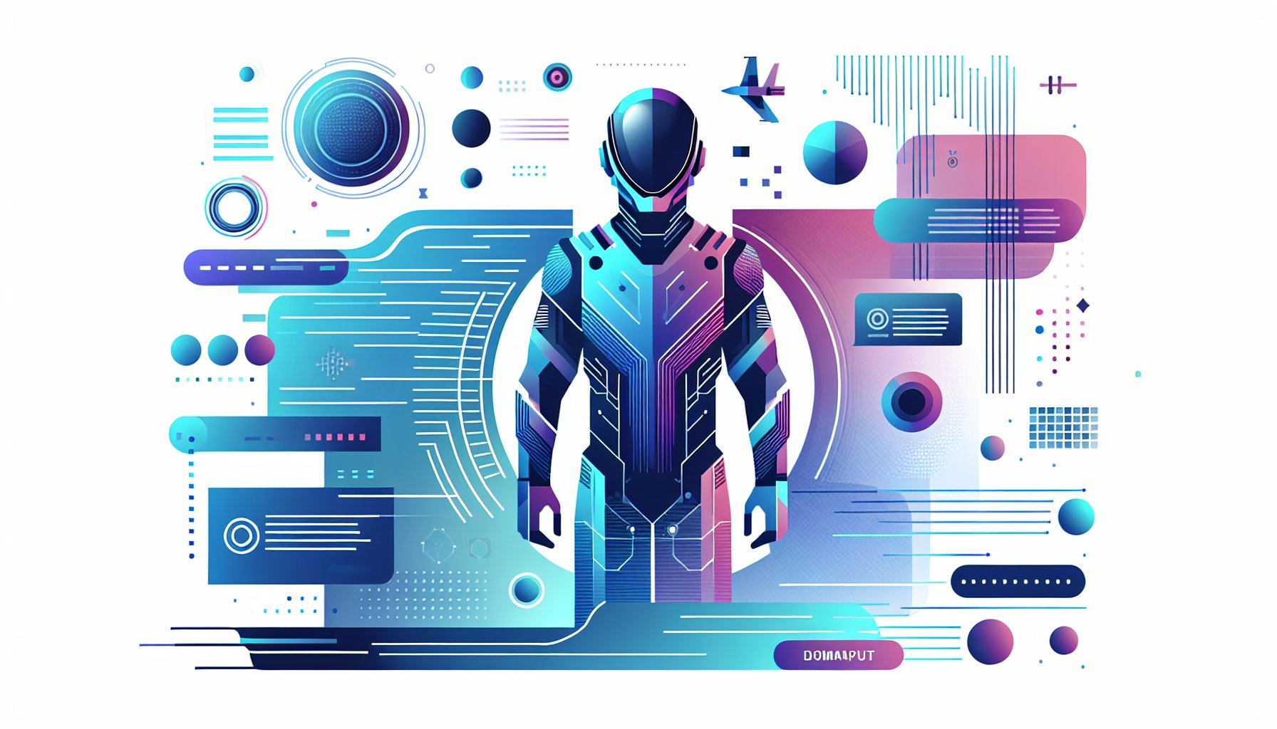 Futuristic humanoid in a bluepurple armored suit surrounded by abstract digital graphics and circuits