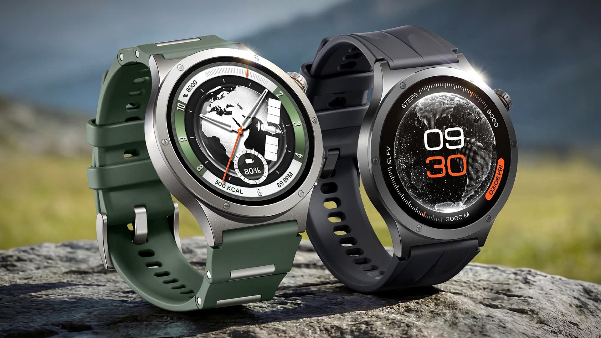 Two rugged smartwatches with world map faces resting on a rocky surface outdoors in a natural setting