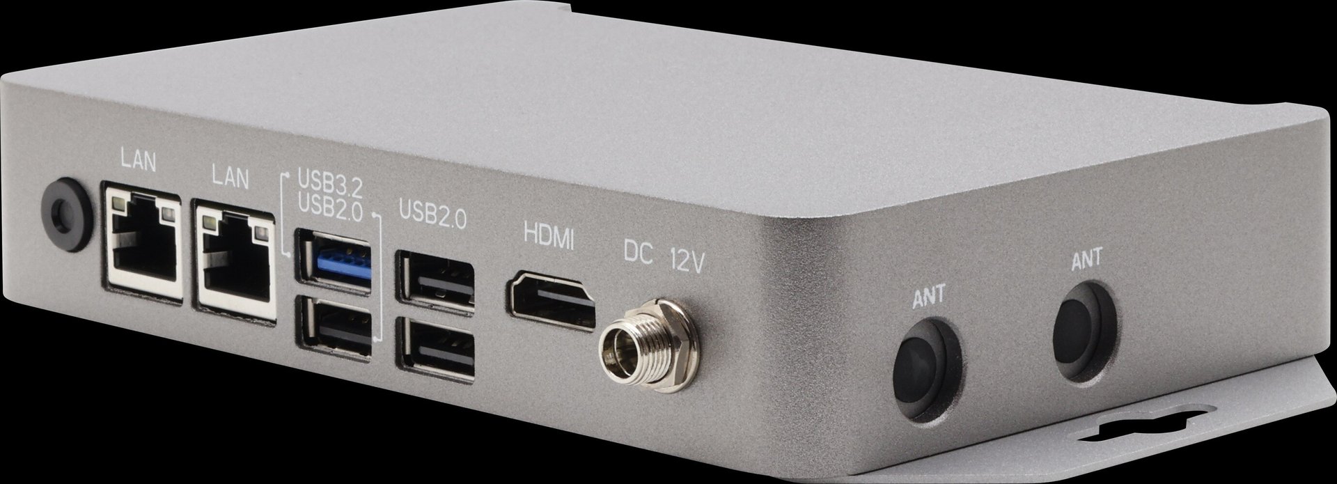 Silver network appliance side panel with two LAN ports USB ports HDMI DC 12V input and two antenna connectors