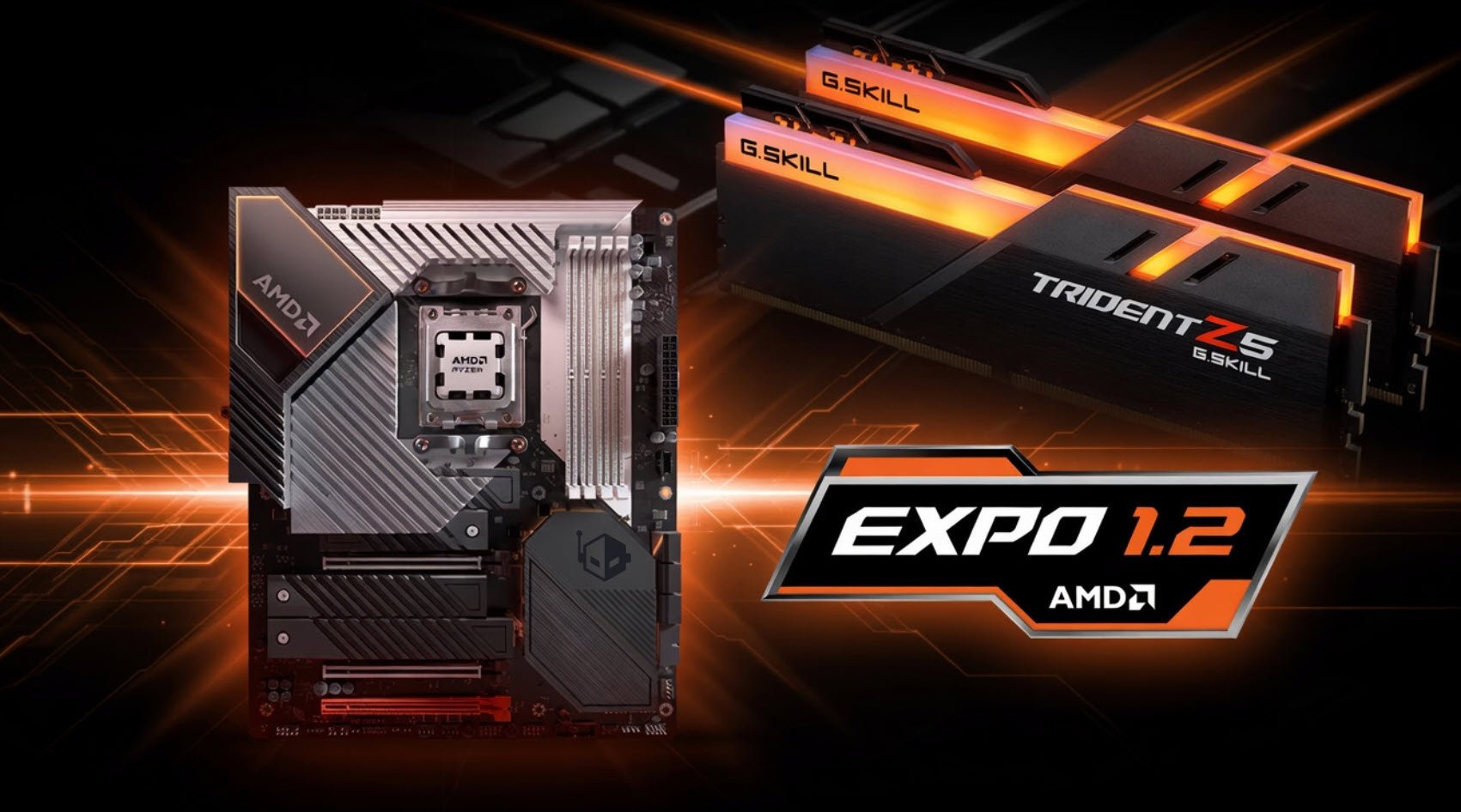 AMD based motherboard with large heatsinks beside orange lit GSkill Trident Z5 RAM modules
