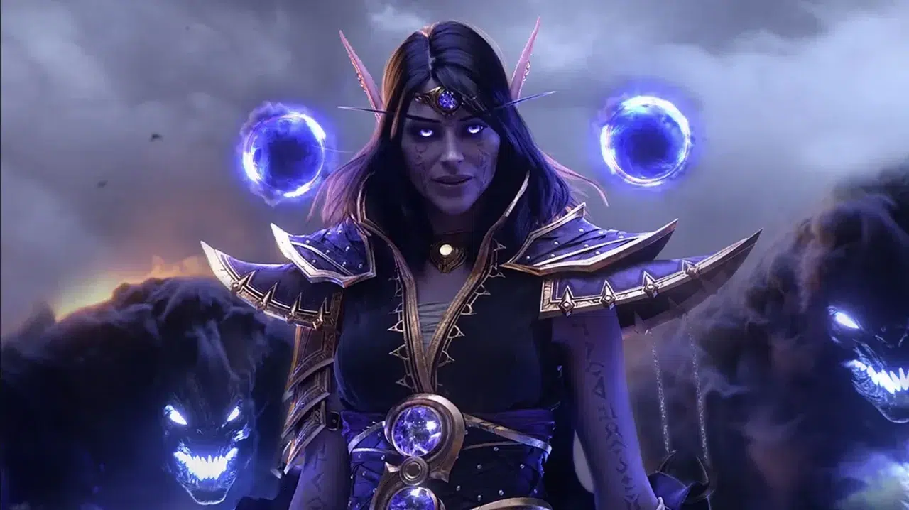 Dark elf sorceress in ornate purple armor with glowing blue orbs floating behind set against a smoky stormy backdrop