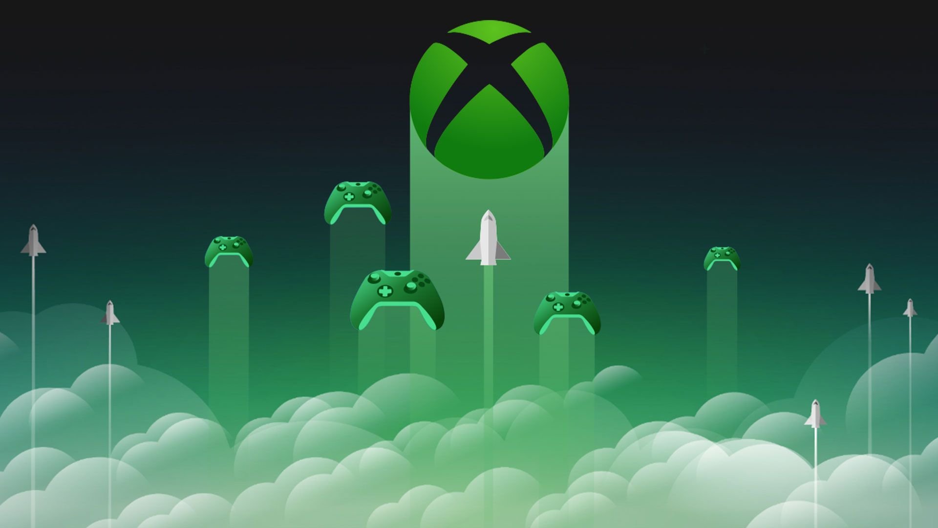 Abstract guardian scene a large green Xbox like emblem rises from a tall green pillar surrounded by smaller pillars topped with green game controllers with rockets and clouds below