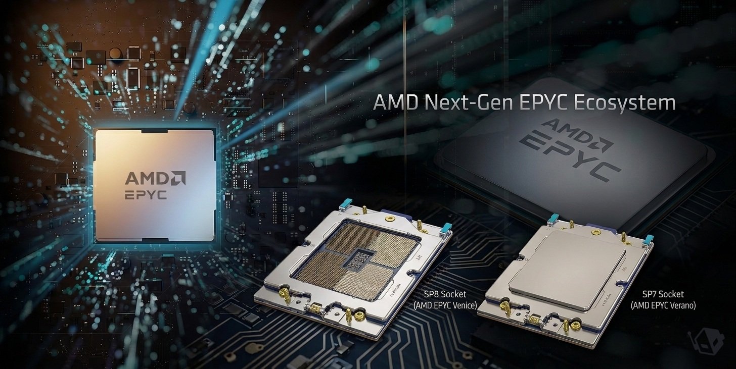 Diagram of AMD EPYC next gen ecosystem showing CPUs and sockets SP8 and SP7 with a futuristic circuit background