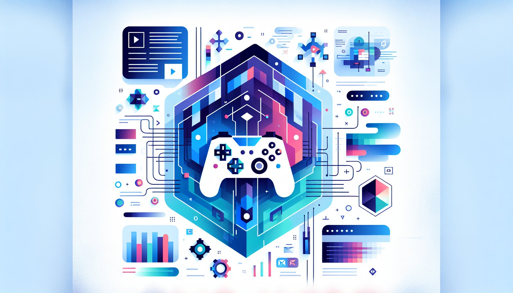 Colorful abstract illustration with a white game controller at the center of a layered geometric cube and surrounding UI elements