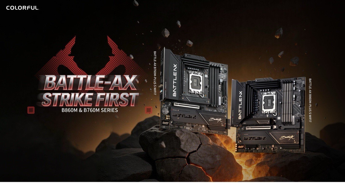 Colorful Battle AX motherboards B860MB760M floating over lava rocks in a dark fiery scene